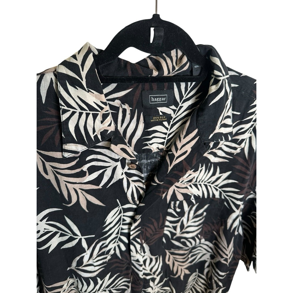 Haggar Silk‎ Shirt Mens L Black Brown Tropical Leaf Print Short Sleeve Resort